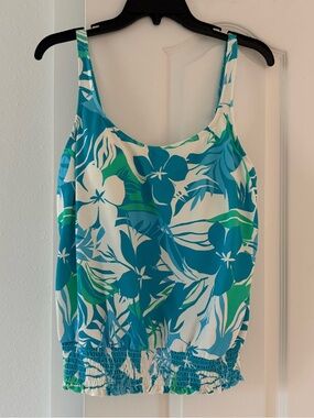 Beach House Swim Tropical Floral Tankini Swim Top Blue Green White Size 14